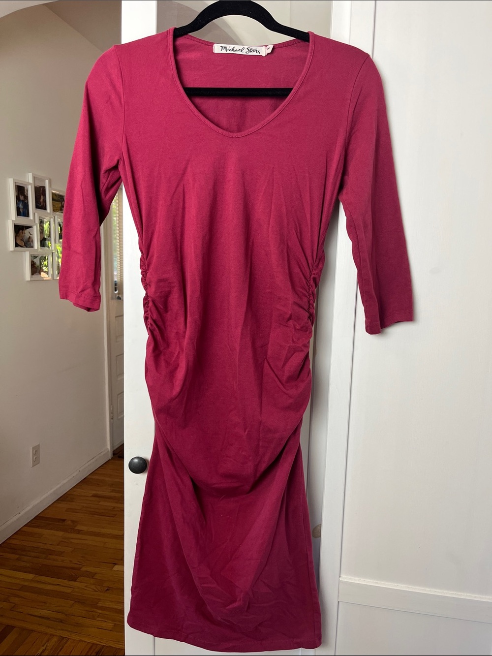 Michael Stars Raspberry Scoop-Neck Ruched Midi Dress